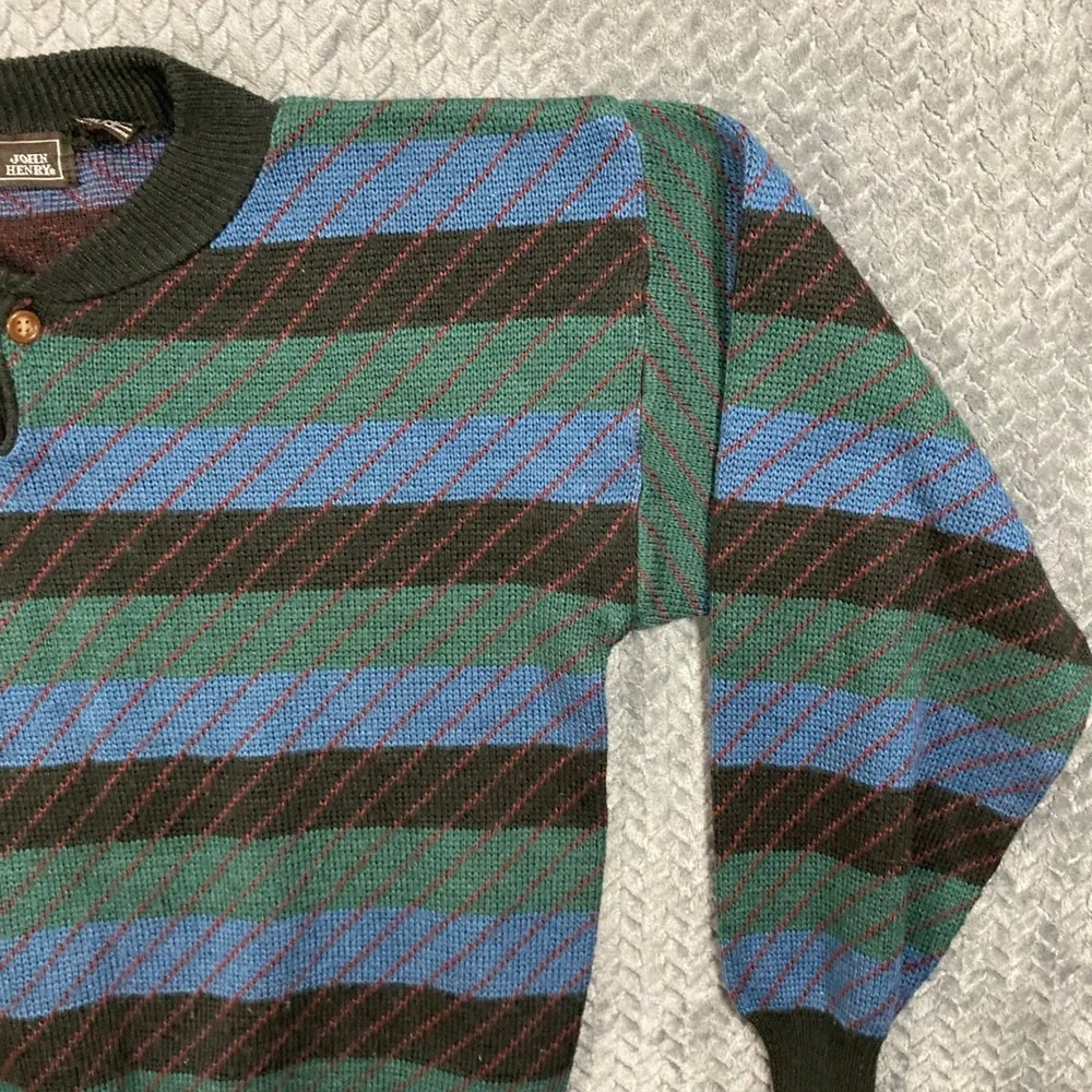 John Henry Sweater Mens L Vintage Henley Striped Multi-Color Button-Down